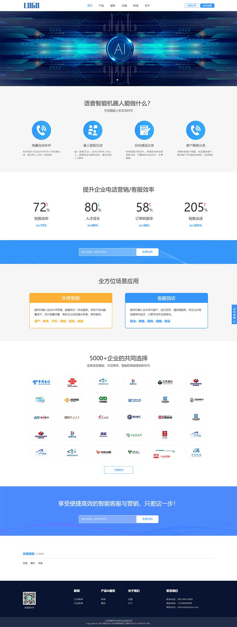(自適應(yīng)手機(jī)端)智能電話AI機(jī)器人語(yǔ)音軟件網(wǎng)站模板